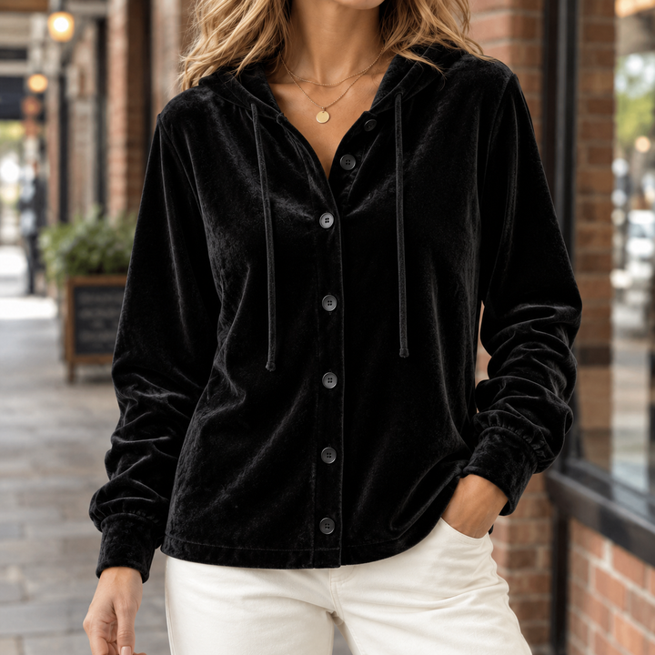 Women's Hooded Velvet Shacket with Drawstring Kerenza – Black – front
