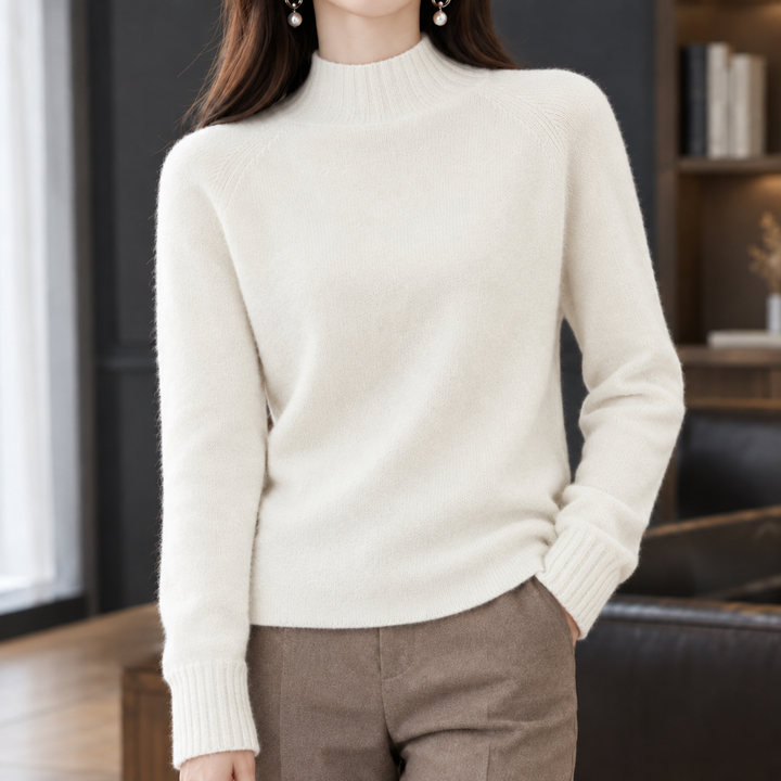 Women's Cashmere Mock Neck Jumper with Raglan Sleeves – Wilma – White – front view