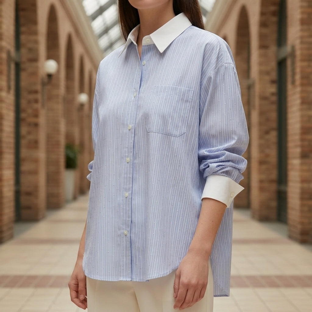 Women's Striped Contrast Collar Oversized Shirt Annelise – Blue – front angle