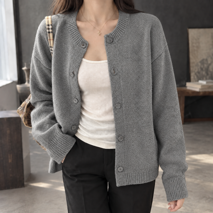 Women's relaxed cardigan Alfreda in Grey – front view