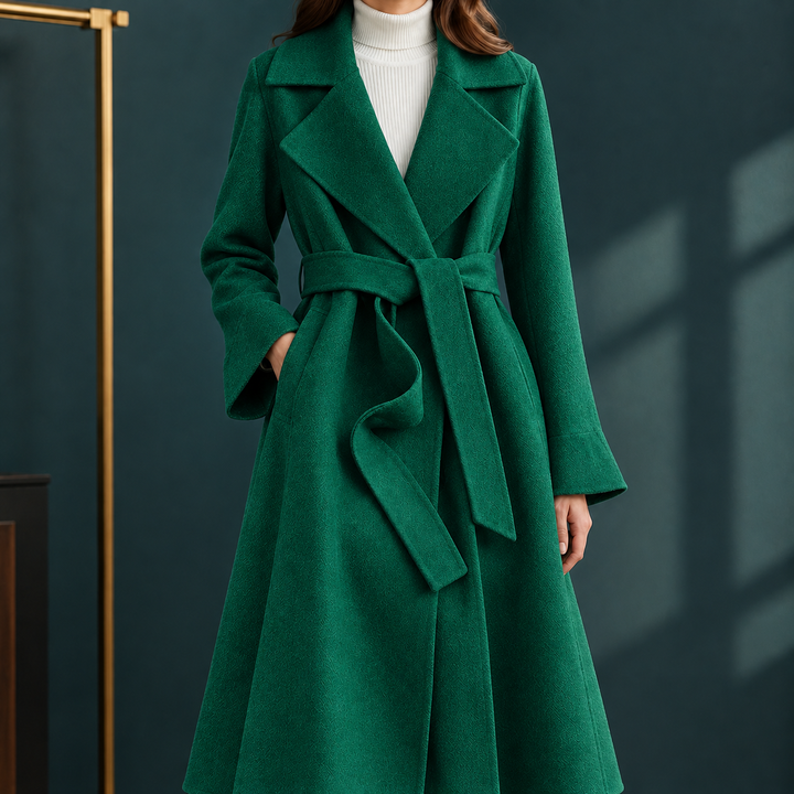 Woodstock women's wool wrap coat in Green – front view