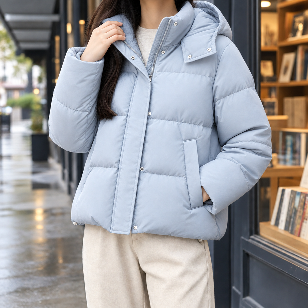 Marazion women's hooded puffer jacket in Sky Blue – front view