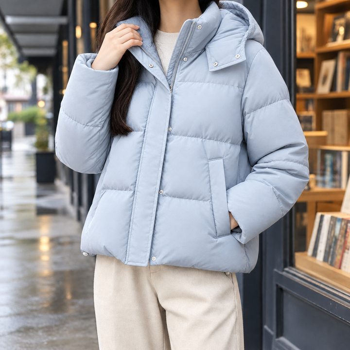 Marazion women's hooded puffer jacket in Sky Blue – front view
