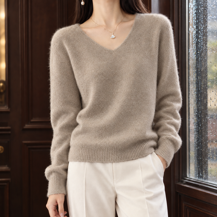 Women's Brushed Wool Relaxed V-Neck Jumper – Connie – Medium Beige – front view