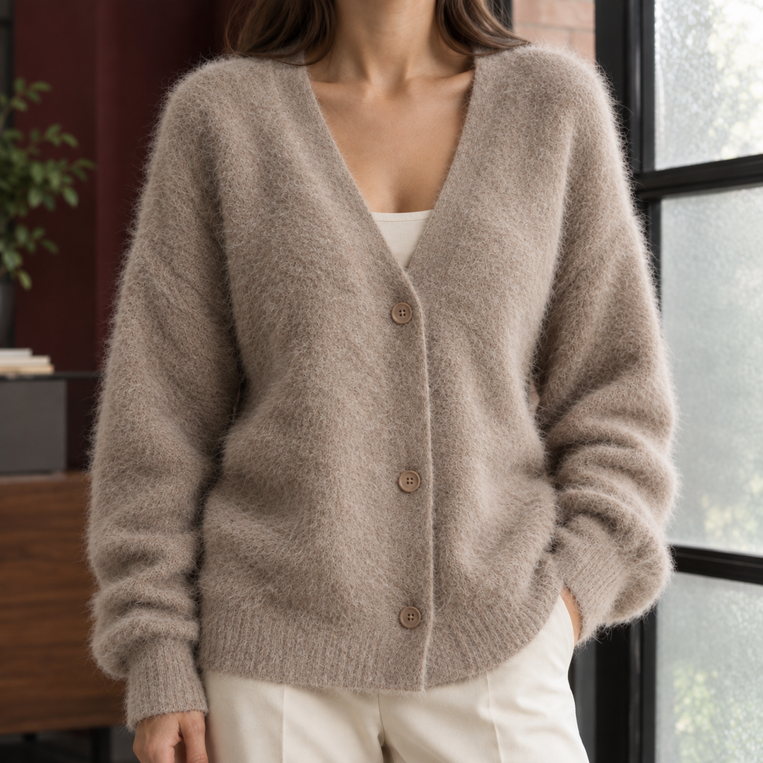 Women's Oversized Fluffy Wool-Blend V-Neck Cardigan – Georgette – Stone – front view
