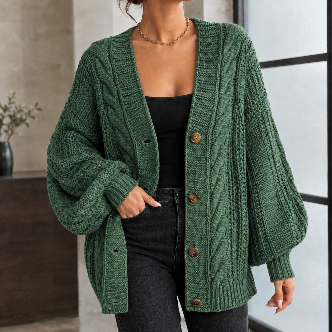 Women's Chunky Cable Knit Oversized V-Neck Cardigan – Euphemia – Green – front view
