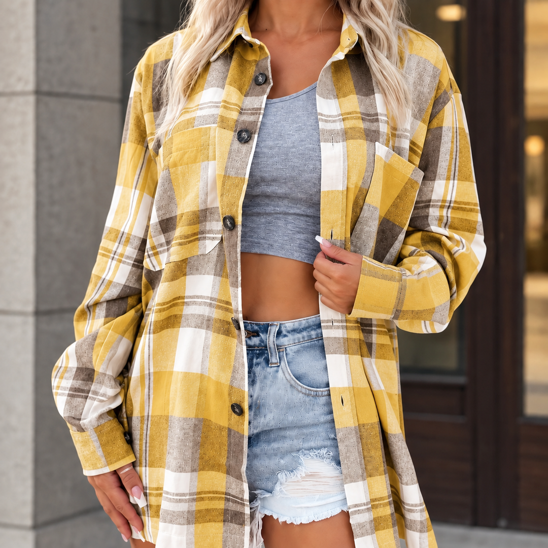 Women's Longline Check Shacket with Chest Pockets Peony – Yellow & Grey Check – front