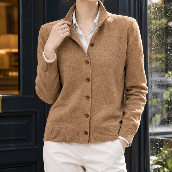 Delyth - Women's collared cardigan in Camel – front view