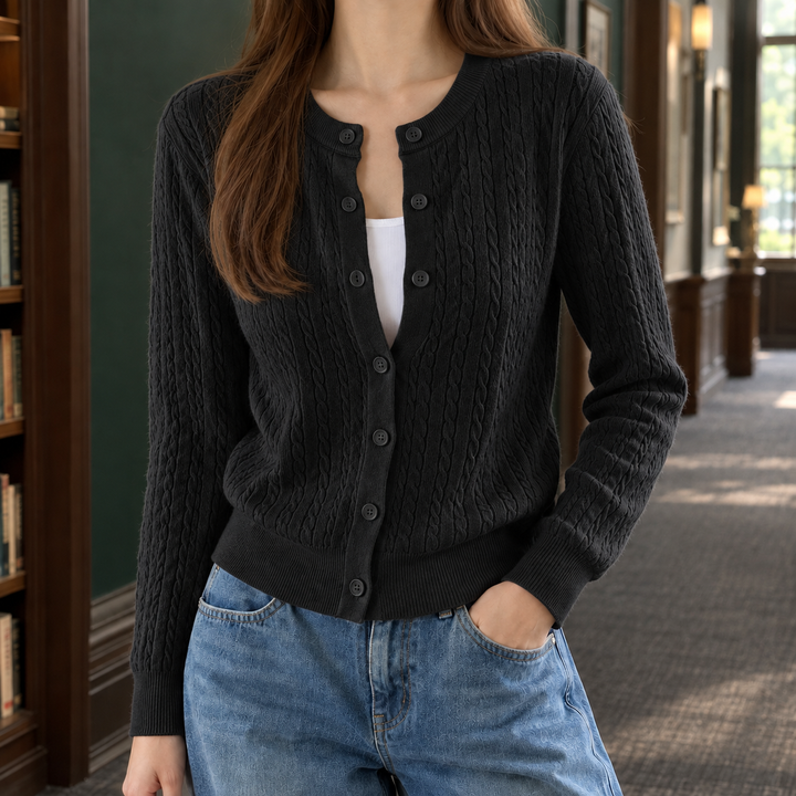 Women's Fine Cable Knit Crew Neck Button-Through Cardigan – Ceridwen – Black – front view
