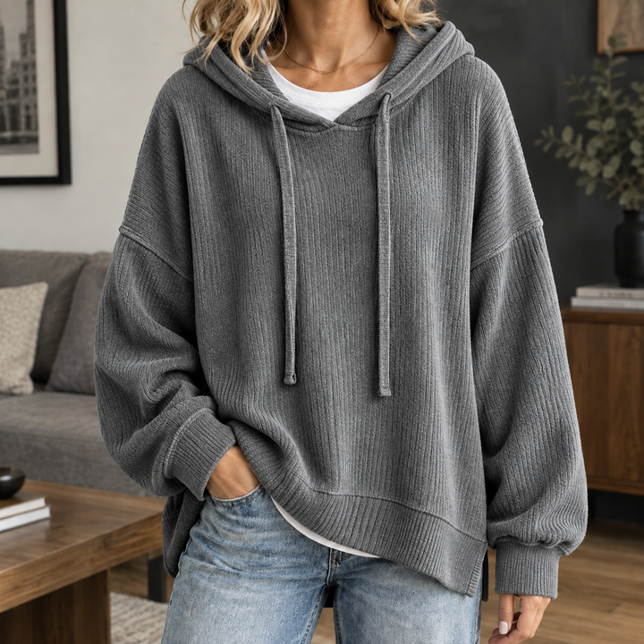 Miranda - Women's ribbed knit hoodie in Grey – alternate view