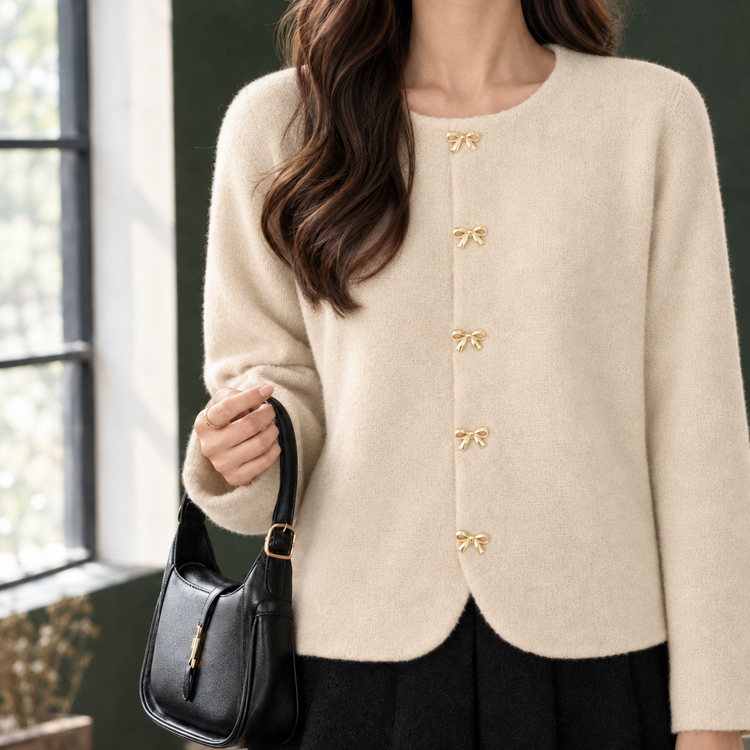 Women's Round Neck Cardigan with Bow Buttons – Avice – Cream – close-up of bow buttons