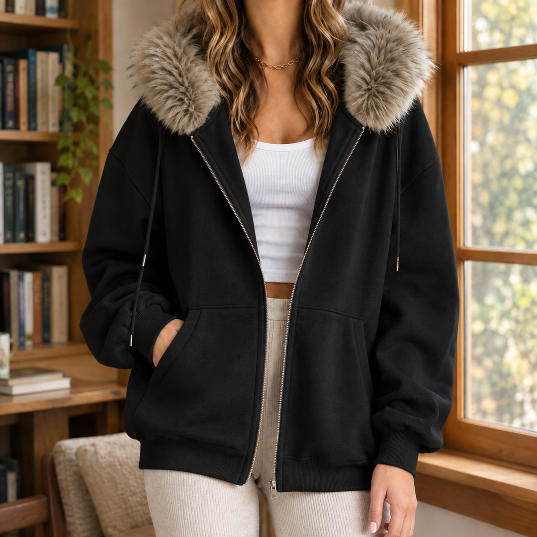Babette - Women's fur trim zip-up hoodie in Black – alternate view