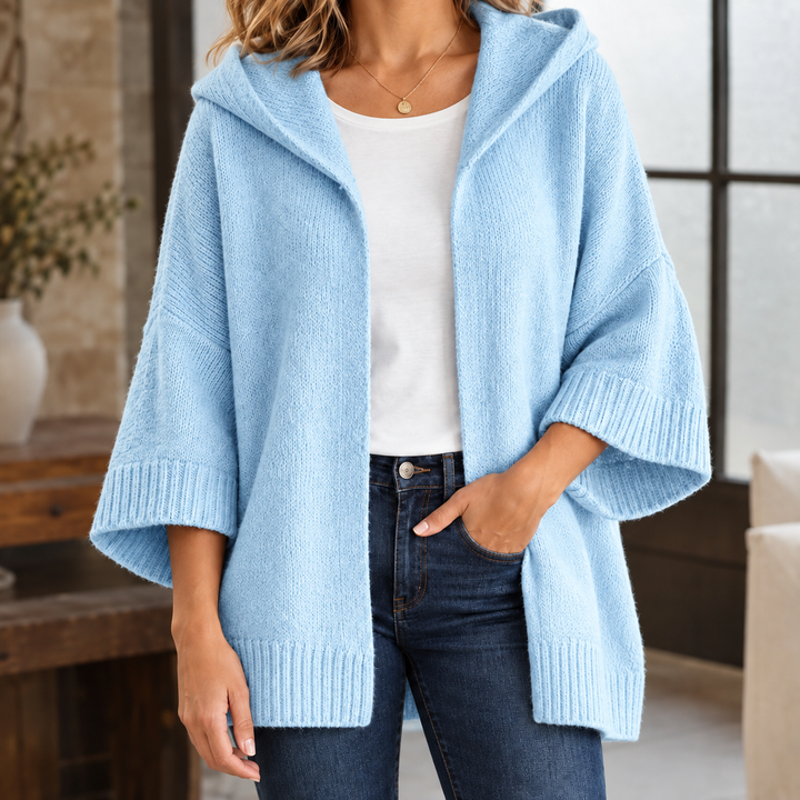 Brenna - Women's hooded knit cardigan in Sky Blue – alternate view