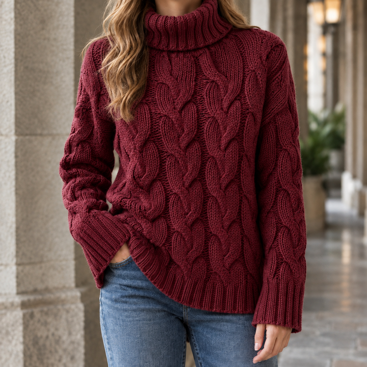 Ella - Women's cable knit roll neck jumper in Red – front view