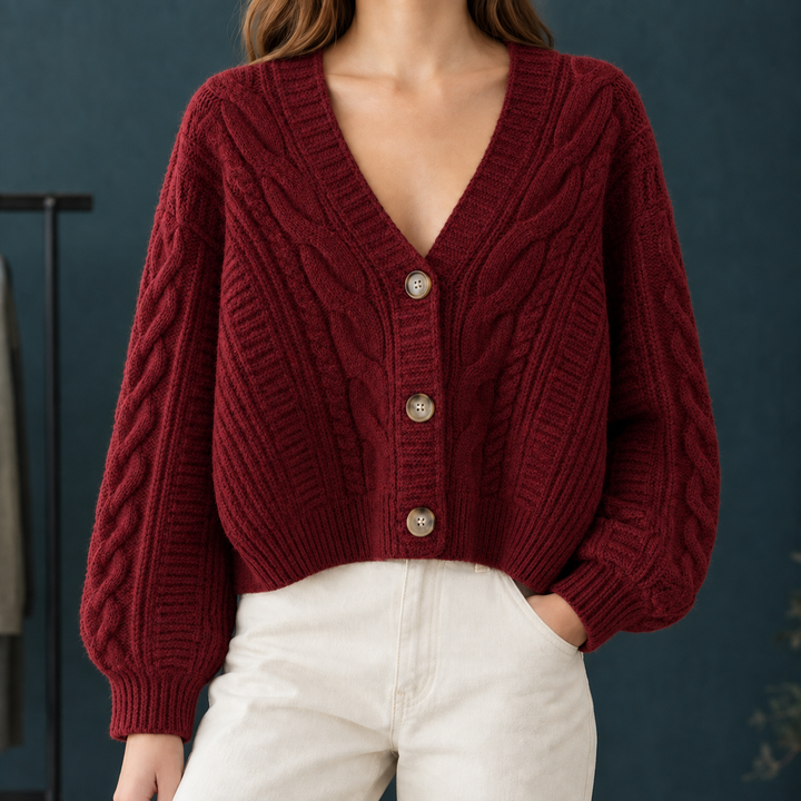 Women's Cropped Cable Knit V-Neck Cardigan – Branwen – Red – front view