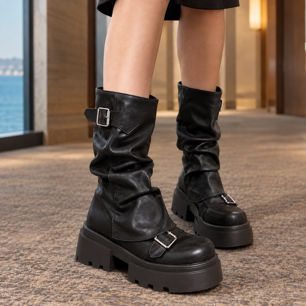 Hawkshead women's slouch platform mid-calf boots in Black – side view