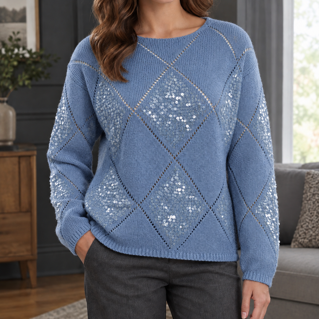 Women's Sequin Openwork Argyle Crew Neck Jumper – Candida – Blue – front view