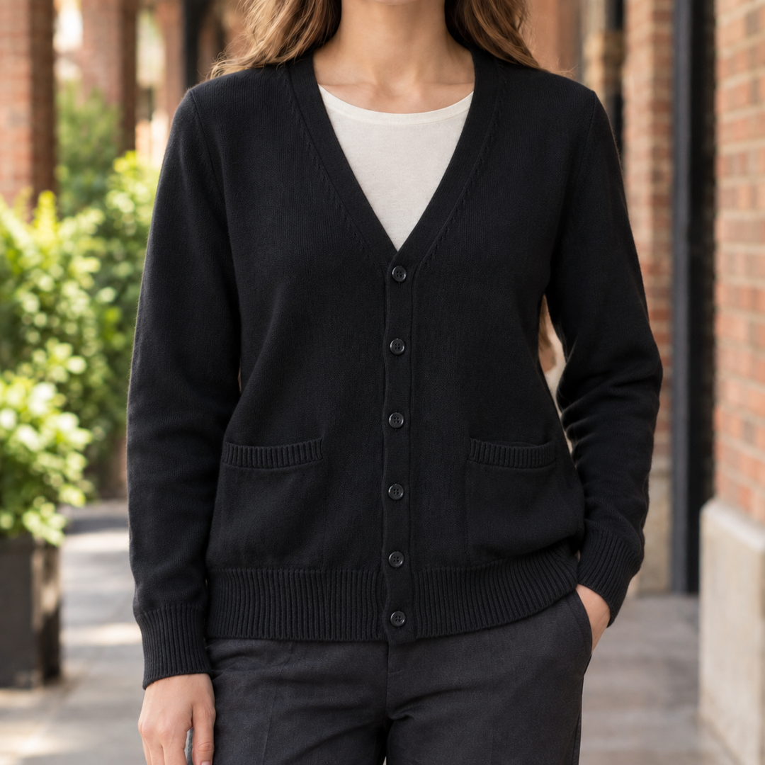 Eluned - Women's V-neck cardigan in Black – front view