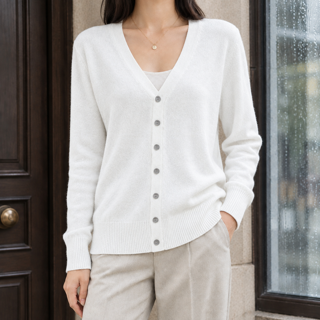 Women's Soft Knit V-Neck Button-Through Cardigan – Alanna – White – front view