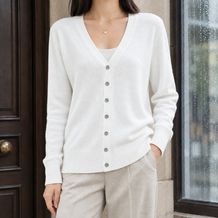 Women's Soft Knit V-Neck Button-Through Cardigan – Alanna – White – front view