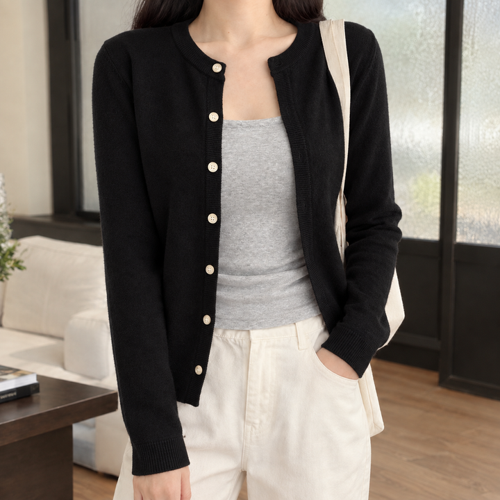 Women's Slim Fine Knit Crew Neck Button-Through Cardigan – Judith – Black – front view