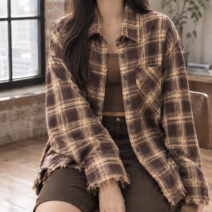 Women's Oversized Check Shacket with Frayed Hem – Clio – Brown Check – front view