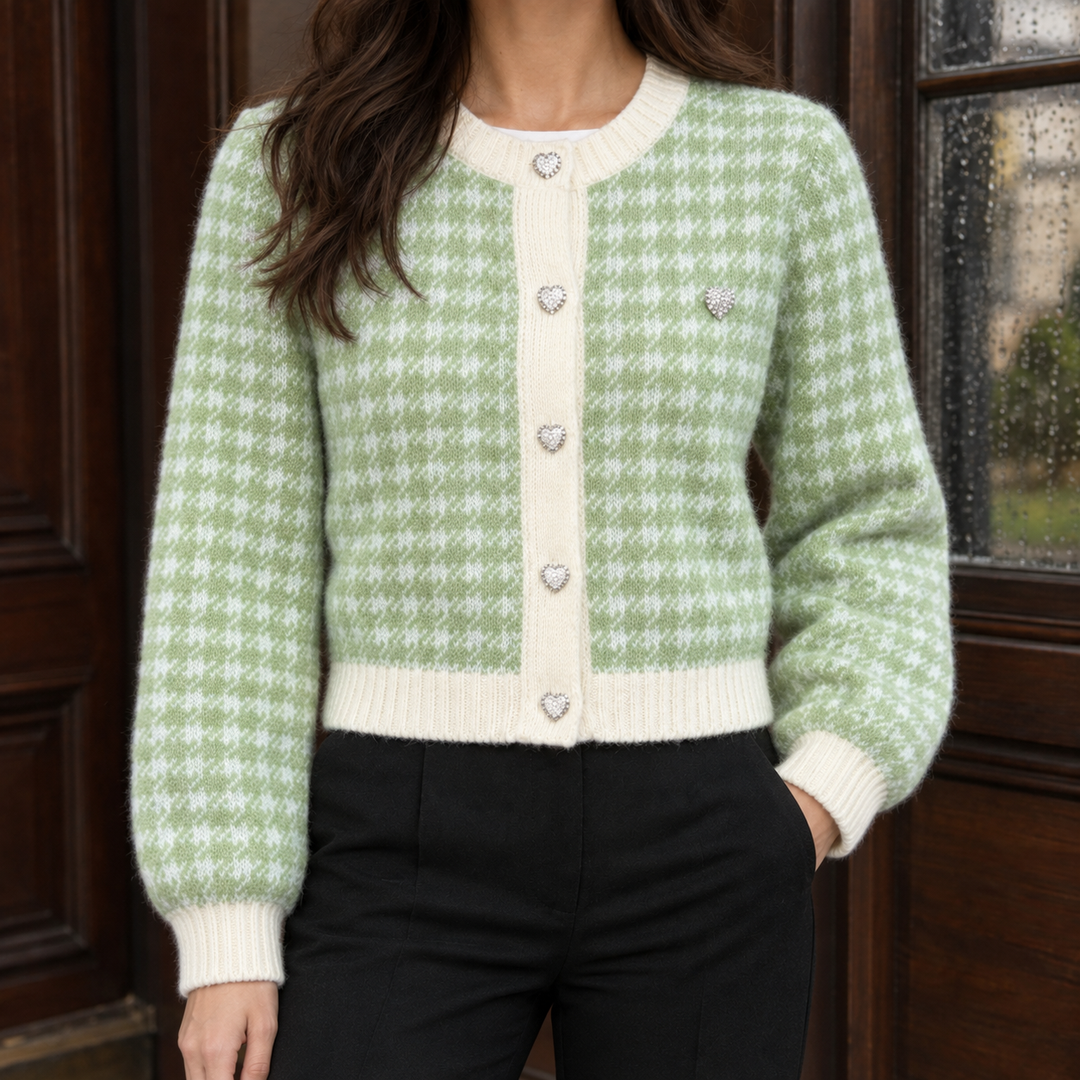 Women's Cropped Houndstooth Cardigan with Heart Buttons – Alberta – Sage Green – front view