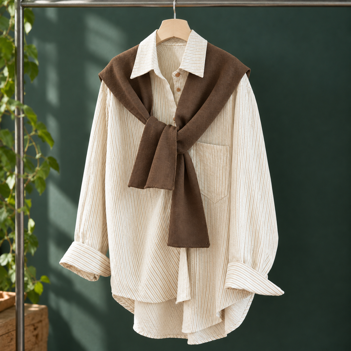 Women's Striped Oversized Shirt with Knitted Shoulder Wrap Mackenzie – Cream with Brown Wrap – front