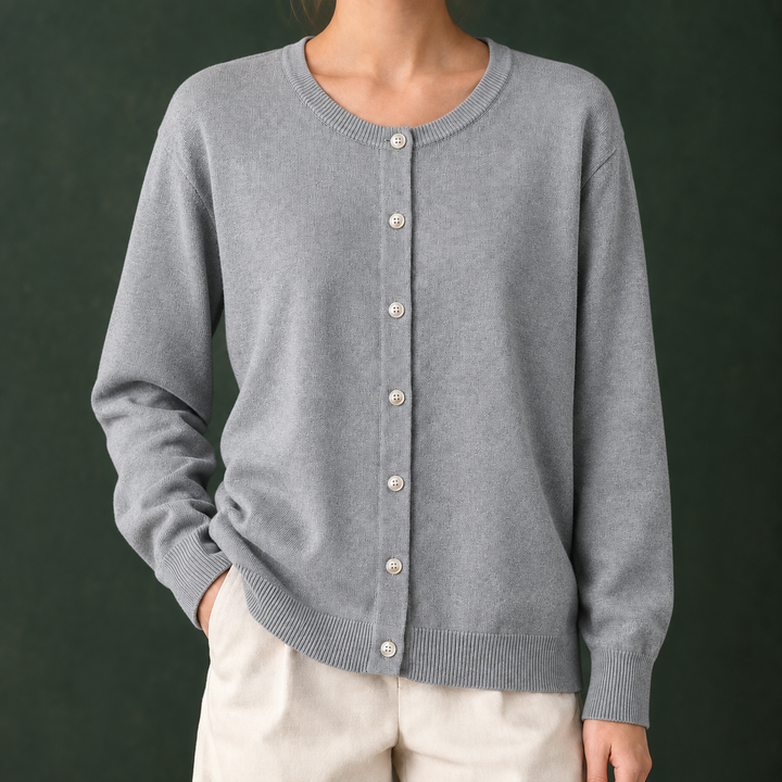 Women's Fine Knit Crew Neck Button-Through Cardigan – Avis – Grey – front view