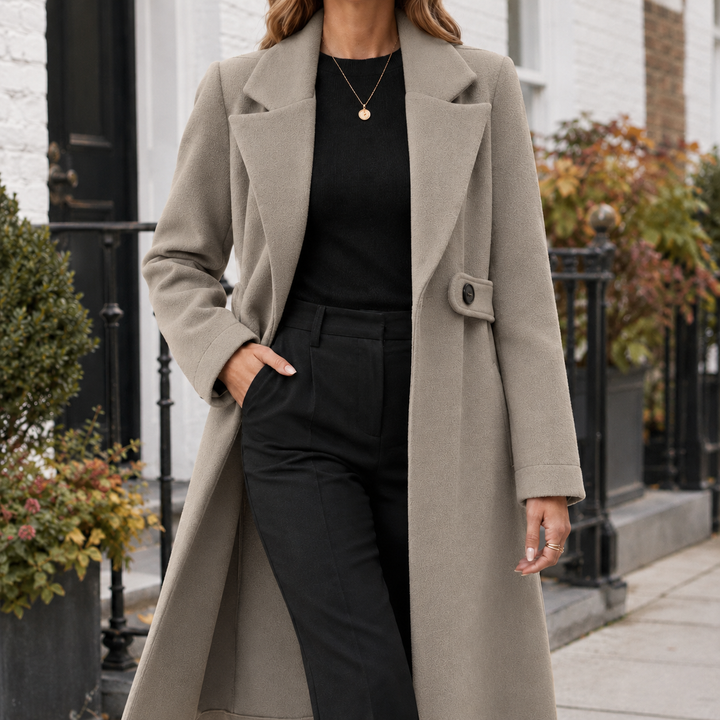 Strathearn women's longline coat in Stone – front view
