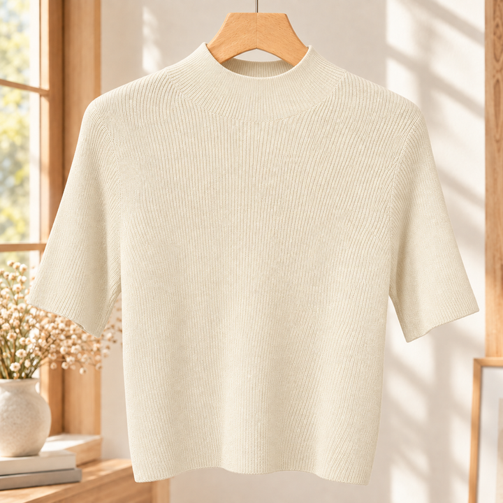 Ceinwen - Women's ribbed mock neck knit top in White – front view
