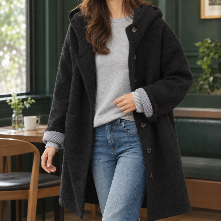 Cirencester women's hooded coat in Black – front view