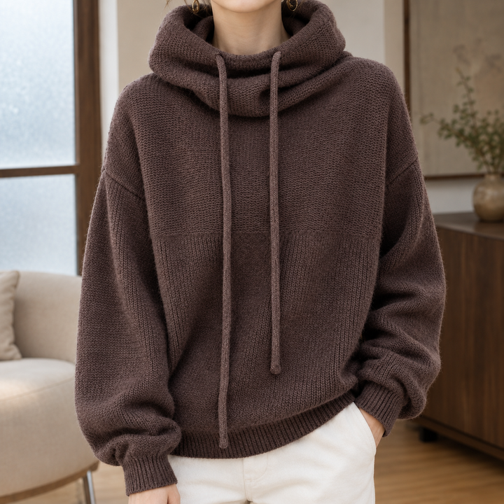 Women's Oversized Cowl Neck Knitted Hoodie with Drawstrings – Edna – Mocha – front view