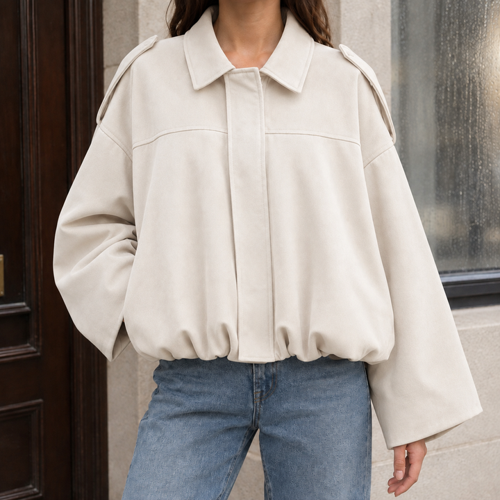 Lamberhurst women's suede-effect bomber jacket in Ivory – front view