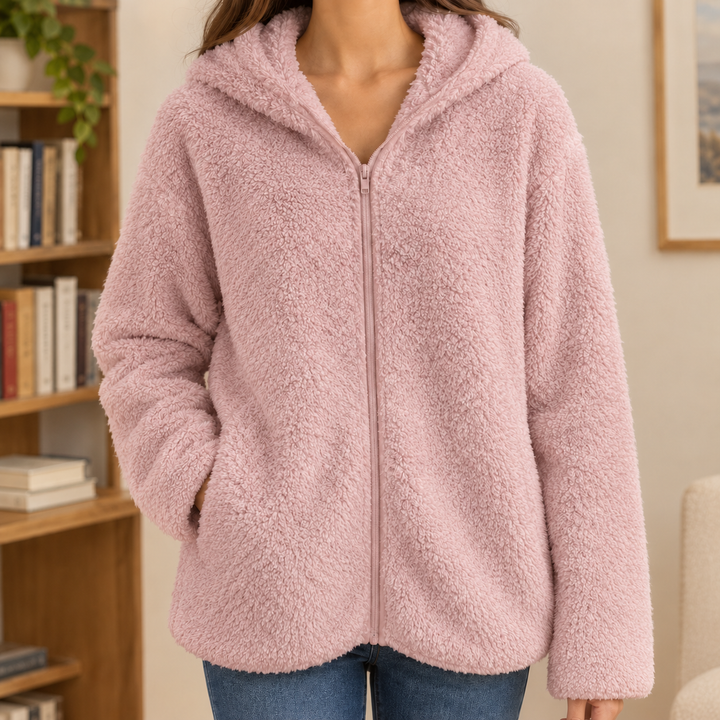 Abingdon women's hooded teddy jacket in Pink – front view