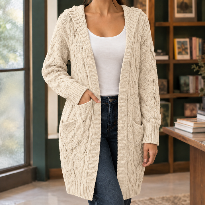 Women's Longline Hooded Cable Knit Cardigan – Merryn – Cream – front view