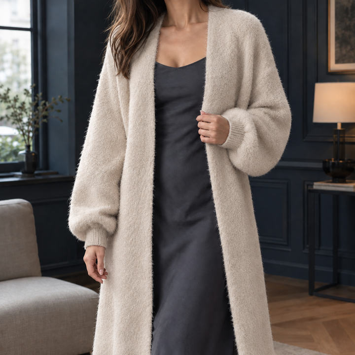 Melisende - Women's longline cardigan in Stone – front view
