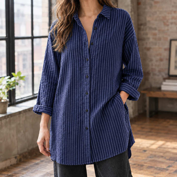 Women's Striped Longline Oversized Button-Up Shirt Leontine – Navy – front