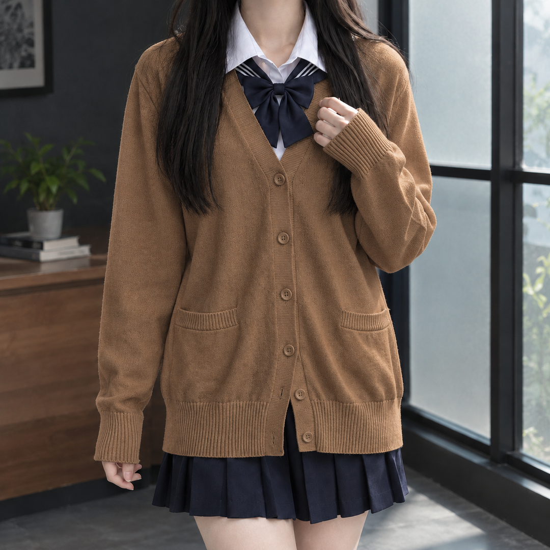 Women's V-Neck Button-Through Cardigan with Pockets – Ettie – Brown – front view