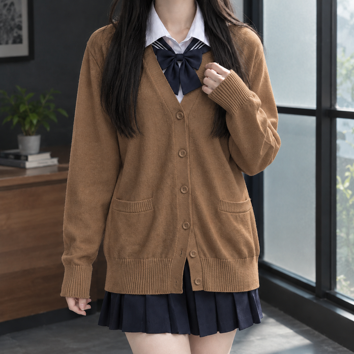 Women's V-Neck Button-Through Cardigan with Pockets – Ettie – Brown – front view