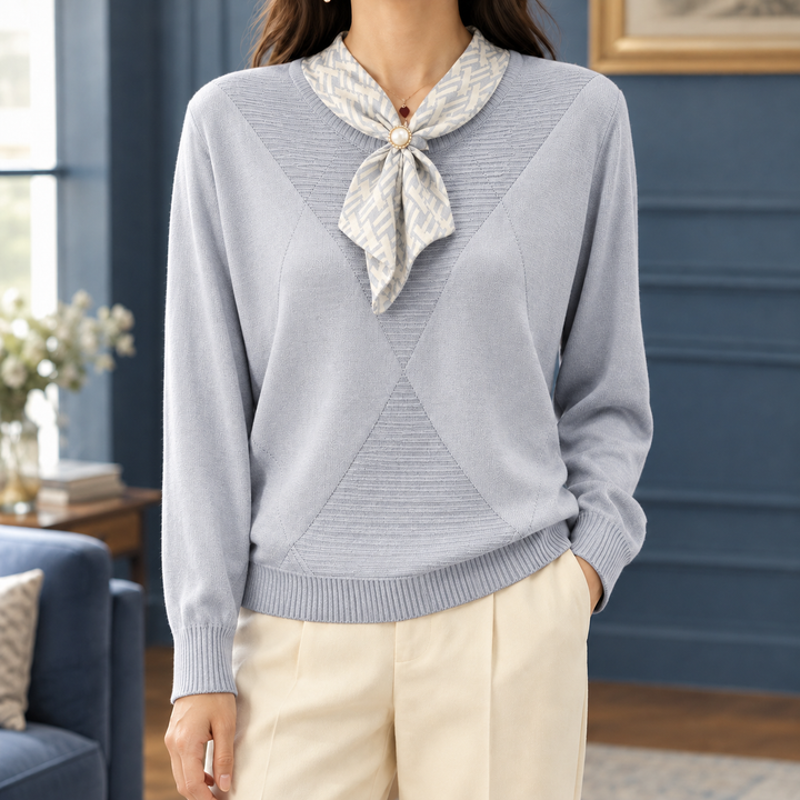 Women's Fine Knit Jumper with Scarf Neck Tie – Marcelle – Powder Blue – front view