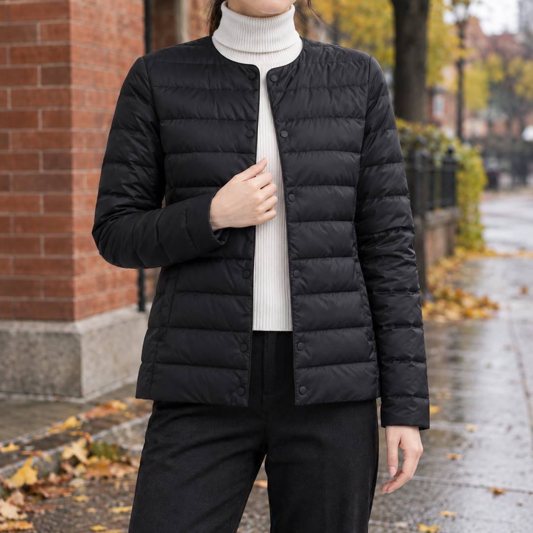 Pitlochry women's collarless quilted jacket in Black – front view