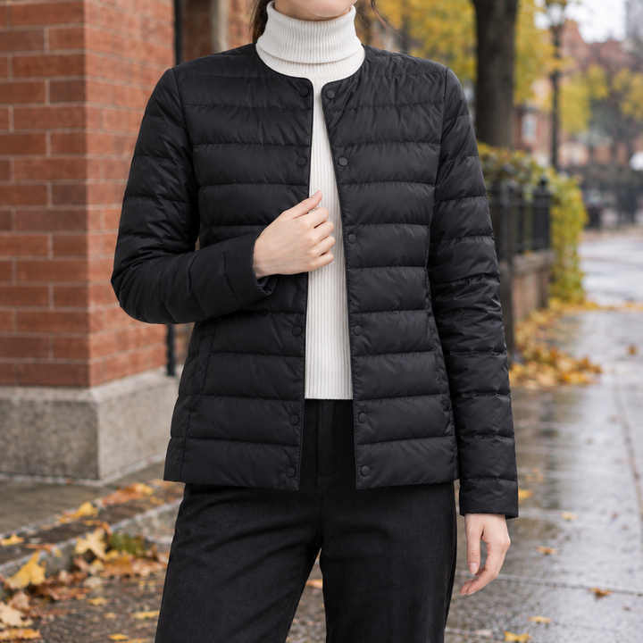 Pitlochry women's collarless quilted jacket in Black – front view