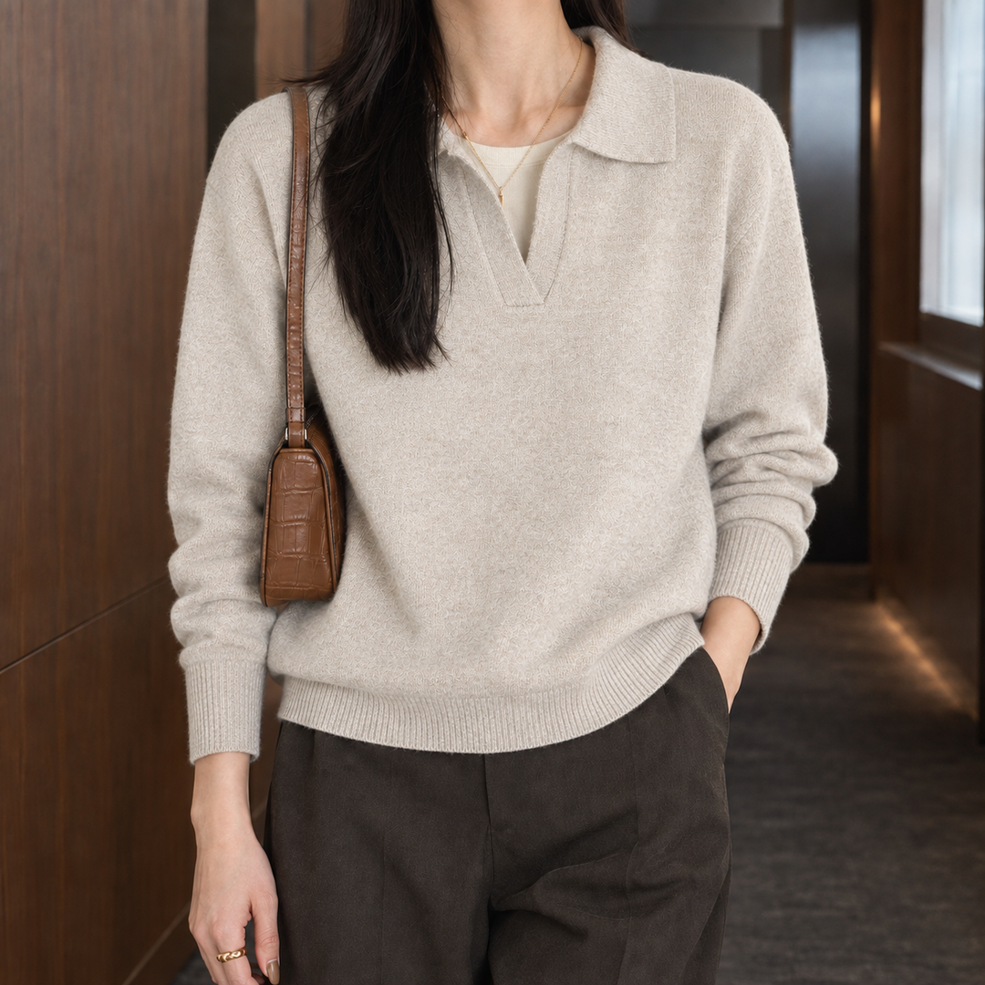 Women's Relaxed Polo Collar Knit Jumper – Selma – Light Beige – front view