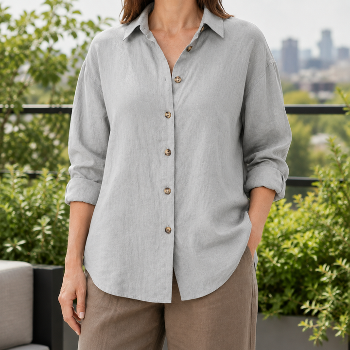 Women's Relaxed Linen-Look Button-Up Shirt Brigitta – Grey – front