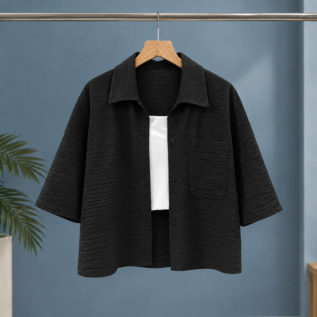 Women's Cropped Textured Short Sleeve Boxy Shirt Karen – Black – front