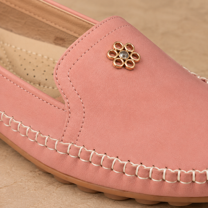 Women's Orthopaedic Cushioned Moccasin Loafers Ravello – Pink – flower trim close-up