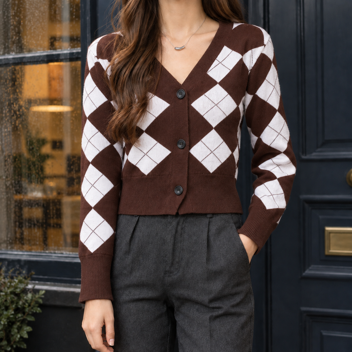 Agatha - Women's argyle cardigan in Brown – front view