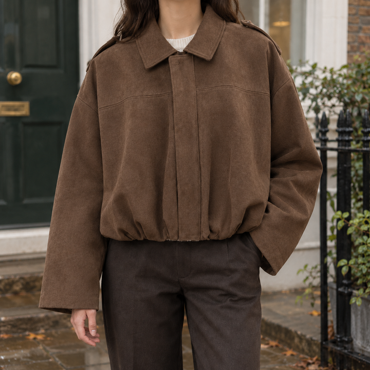 Skipton women's suede-effect bomber jacket in Brown – front view