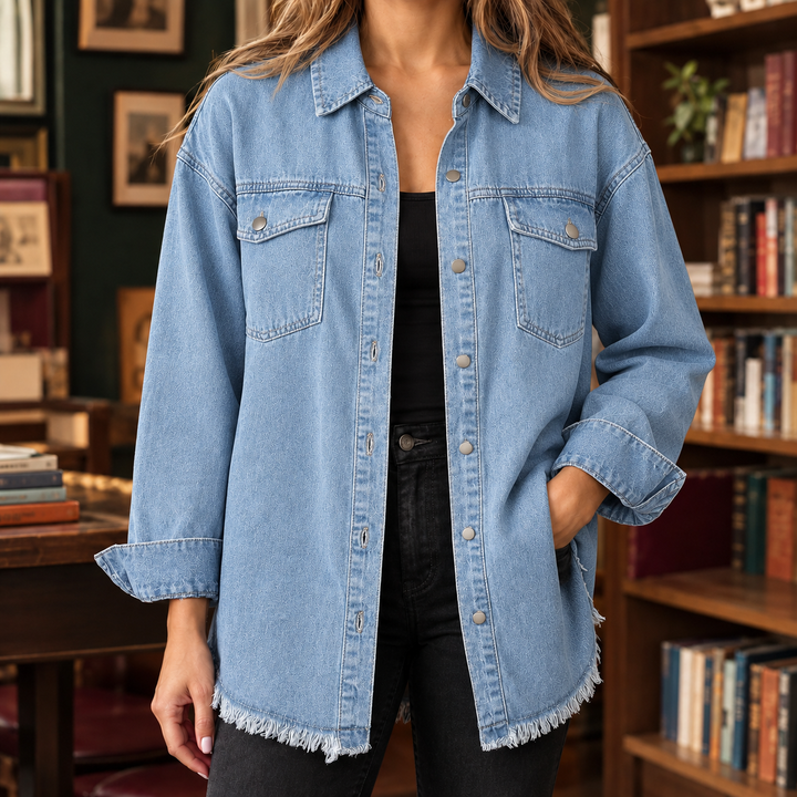 Women's Longline Denim Shacket with Frayed Hem Sloane – Denim Blue – front